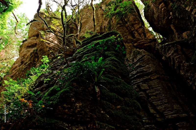 Tectonic breaks and folds of dry canyon in caucasus mountains. Sochi, Russia.