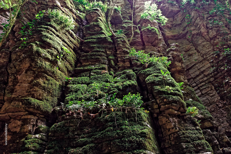 Tectonic breaks and folds of dry canyon in caucasus mountains. Sochi, Russia.