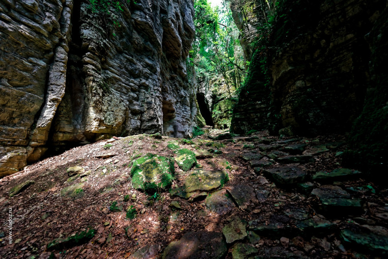 Tectonic breaks and folds of dry canyon in caucasus mountains. Sochi, Russia.