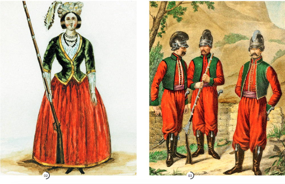 2. Амазонка 1787 года. Рисунок 2-й половины ХIX века. Коллекция О.А. Хорошиловой. 3. Унтер-офицер, рядовой и офицер 2-го батальона Греческого пехотного полка. 1779-1796 годы. А.В. Висковатов "Историческое описание одежды и вооружения российских войск". 1900 год.